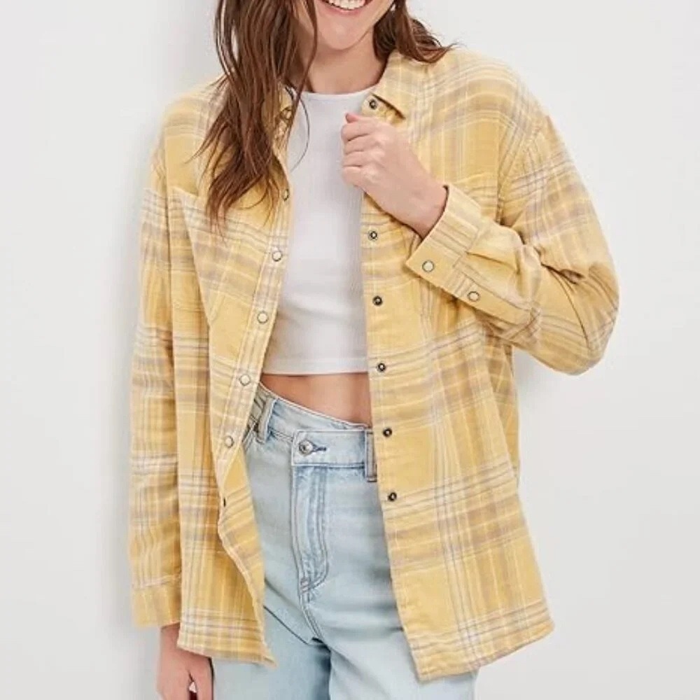 American Eagle Yellow Gray Snap Button Plaid Cotton Flannel Shirt, L